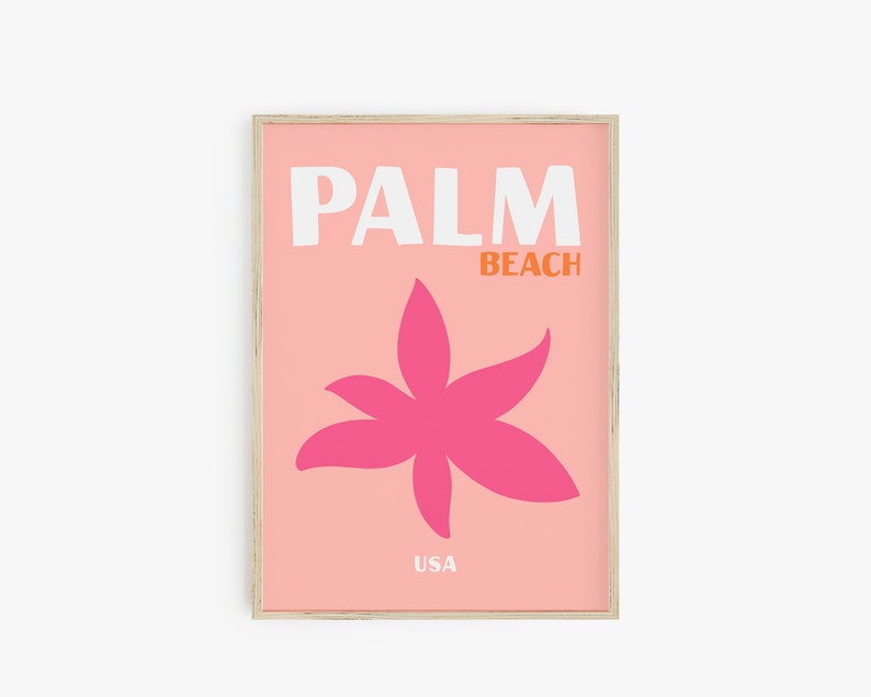 May include: A pink and orange framed print with the text "PALM BEACH USA" and a pink stylized flower graphic.