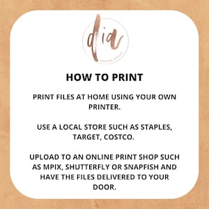 May include: A white card with the text "HOW TO PRINT" in black. The card provides instructions on how to print files at home, at a local store, or online.
