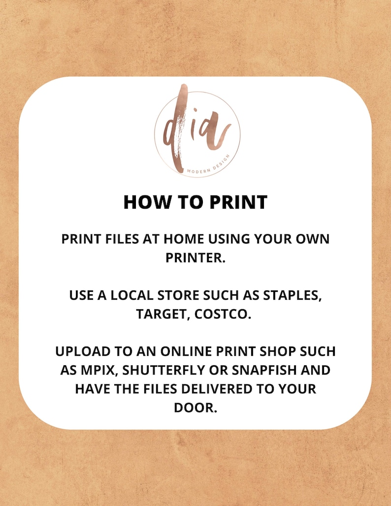 May include: A white card with the text "HOW TO PRINT" in black. The card provides instructions on how to print files at home, at a local store, or online.