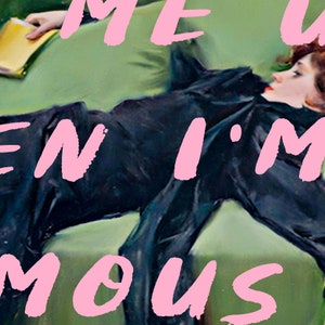 May include: A woman in a black dress lies on a green couch with a book in her hand. The text "WHEN I'M ENIMOUS" is written in pink letters across the image.