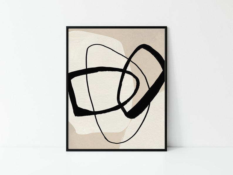 May include: Abstract art print featuring black lines and shapes on a beige background.