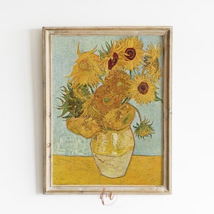 Jarrón con estampado de Van Gogh con doce girasoles, estampado vintage, pintura de flores amarillas, impresión digital de póster vintage, copia de pintura famosa