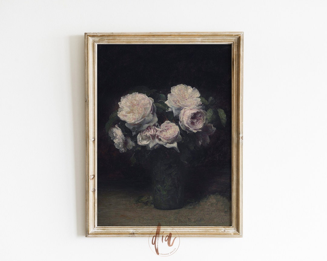 Vintage Moody Floral Print, Antique Painting, Still Life Oil Painting ...