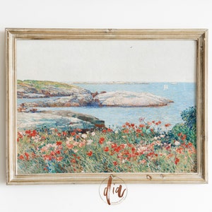 Vibrant Vintage Coastal Print, Landscape Wall Art, Wild Flowers Painting French Country Decor, DIGITAL Poppies Art Print Horizontal Wall Art