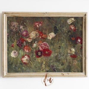 Vintage Flower Garden Print, Horizontal Wall Art, Bed of Poppies, Antique Floral Painting, Landscape Print Printable Wall Art Digital Prints
