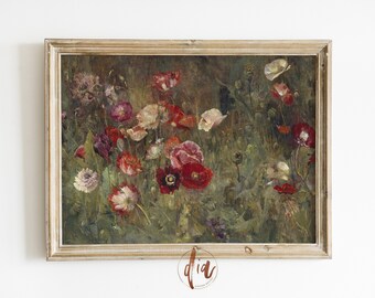 Vintage Flower Garden Print, Horizontal Wall Art, Bed of Poppies, Antique Floral Painting, Landscape Print Printable Wall Art Digital Prints
