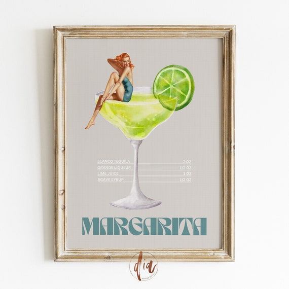 Margarita Cocktail Print, Retro Bar Cart Art Print, Vintage Cocktail Collage Poster, Digital Print, Girly Print, Apartment Aesthetic