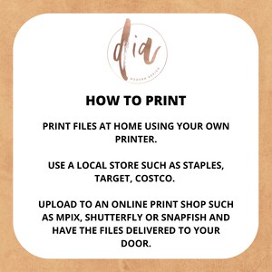 May include: A white card with the text "HOW TO PRINT" in black. The card provides instructions on how to print files at home, at a local store, or online.