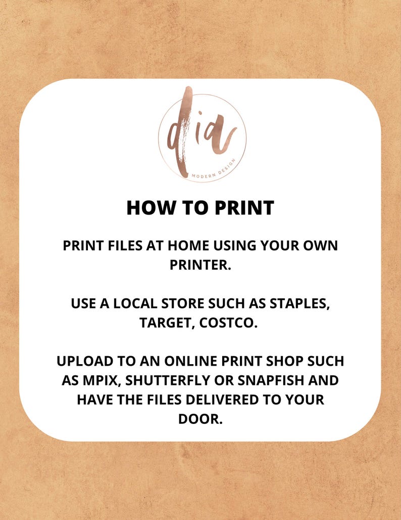 May include: A white card with the text "HOW TO PRINT" in black. The card provides instructions on how to print files at home, at a local store, or online.