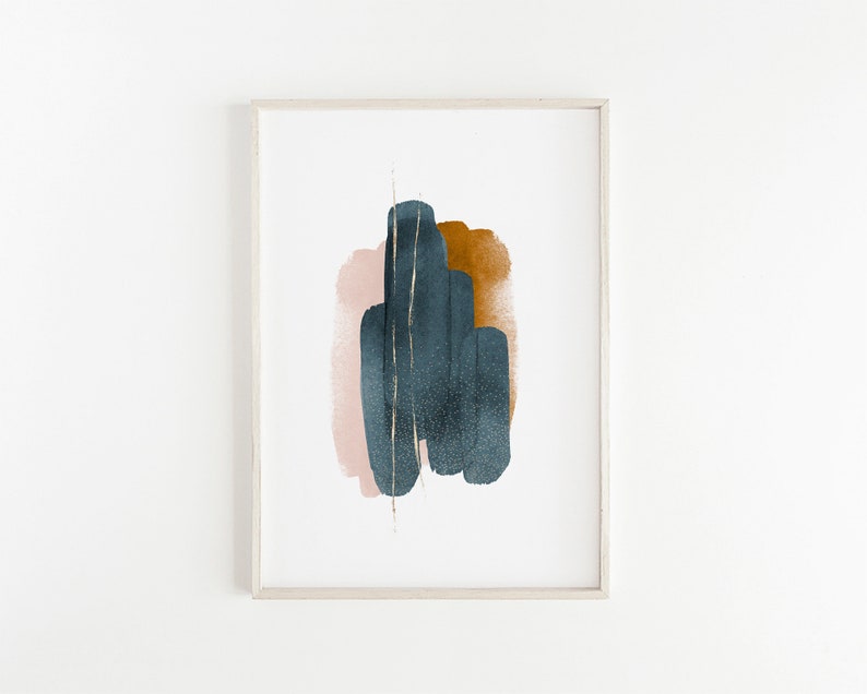 May include: Abstract art print with a blue, pink, and brown watercolor design. The print features a gold metallic accent.