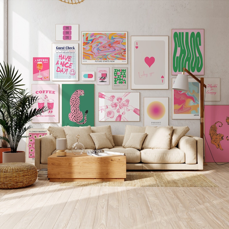 Gallery Wall Set, Preppy Aesthetic, Trendy Wall Art, Colorful Preppy Posters, Pink Wall Art, Eclectic Dorm Room Decor, Cocktail Tiger Prints image 1