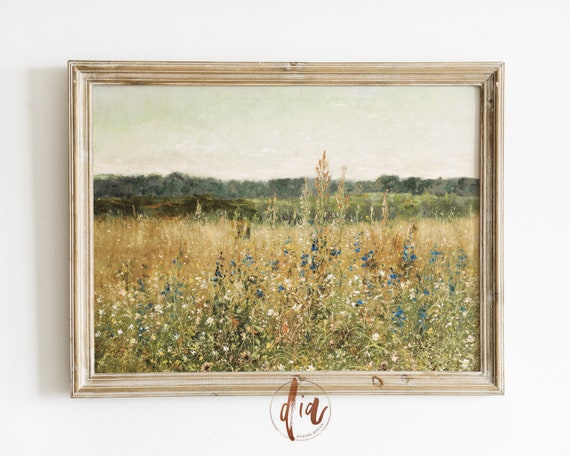 野生の花の風景画、ビンテージの春の草原の画、アンティークの