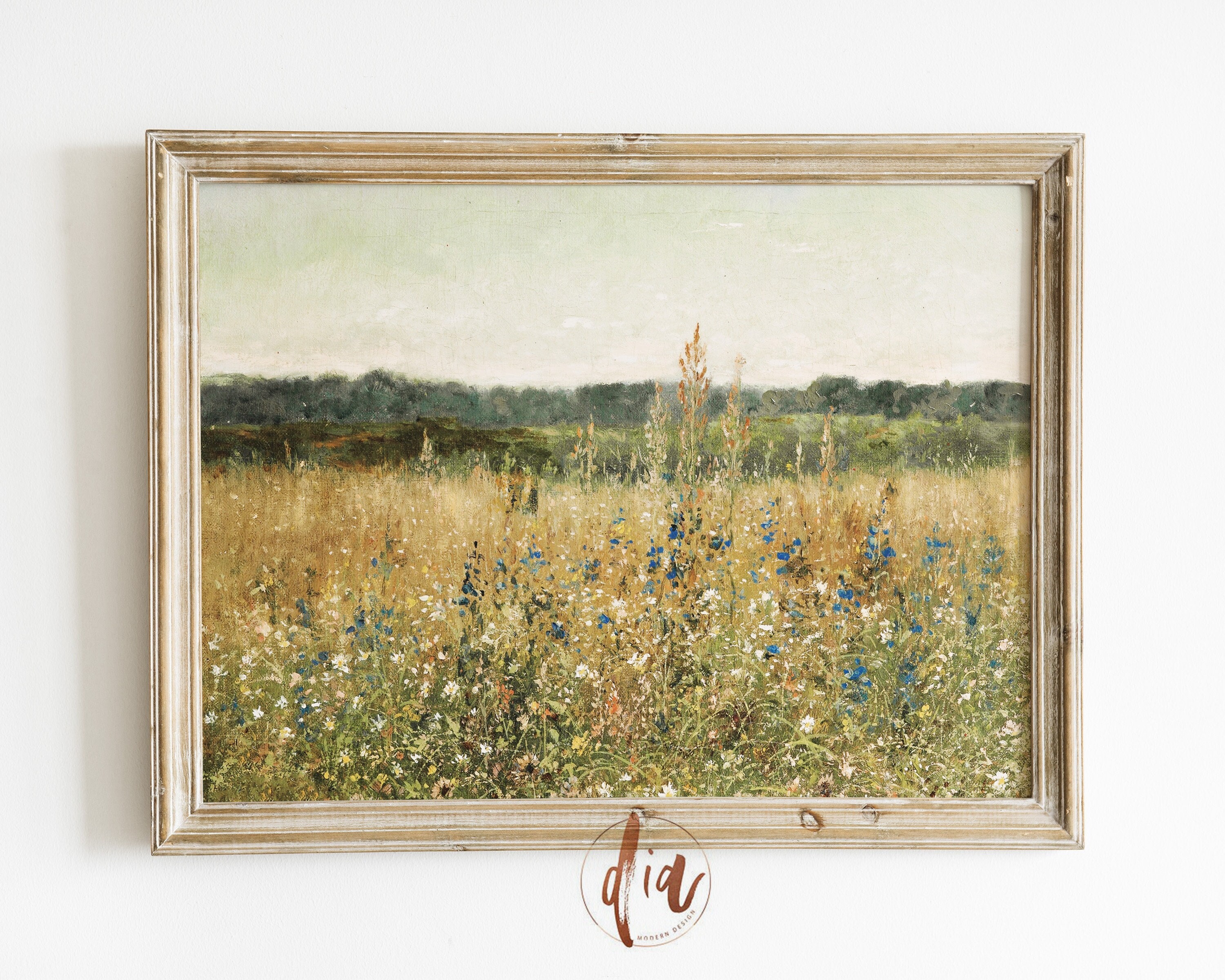 野生の花の風景画、ビンテージの春の草原の画、アンティークの油絵