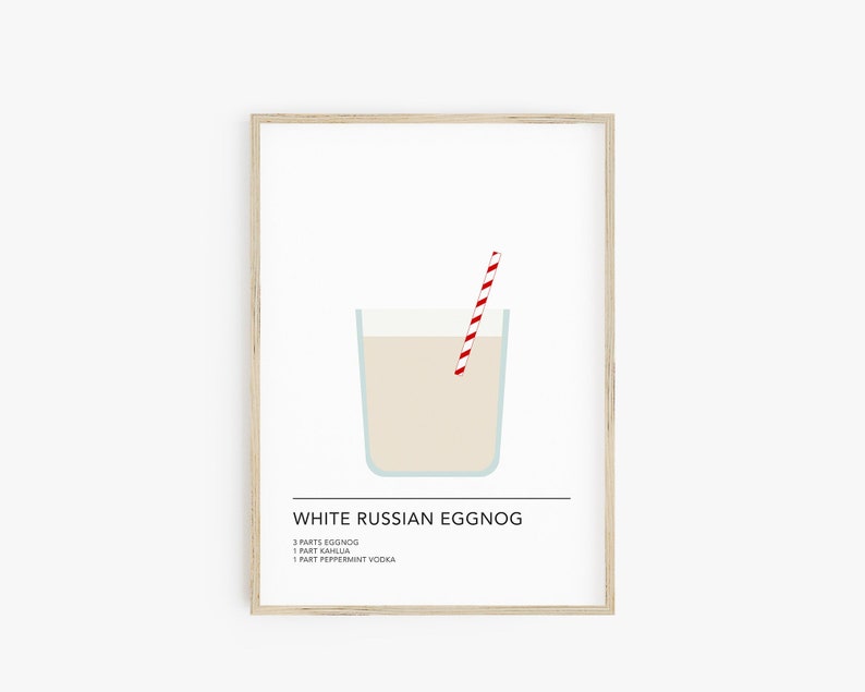 May include: A printable poster featuring a minimalist illustration of a glass of white Russian eggnog with a red and white striped straw. The text below the illustration reads "White Russian Eggnog" and includes the ingredients: 3 parts eggnog, 1 part Kahlua, 1 part peppermint vodka.