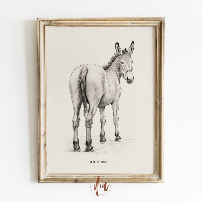 Funny Bathroom Print Set, Digital Prints, Nice Ass Pecker Printable Wall Art, Donkey Poster Vintage Illustration Toilet Humor Bathroom Decor image 3