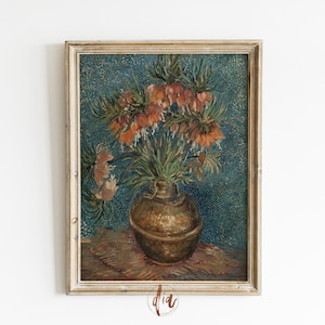 Teal Orange Floral Painting, Moody Vintage Still Life, Antique Oil Painting, Muted Floral Wall Art, Neutral Warm Aesthetic, Fritillaries