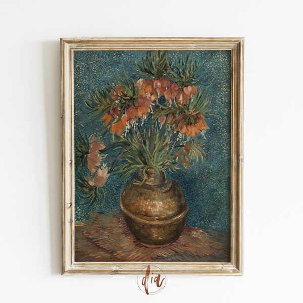 Teal Orange Floral Painting, Moody Vintage Still Life, Antique Oil Painting, Muted Floral Wall Art, Neutral Warm Aesthetic, Fritillaries