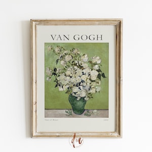 Cartel de la exposición de rosas de Van Gogh, impresión de Van Gogh, pintura de bodegones vintage, flores blancas en jarrón verde, impresión de póster vintage