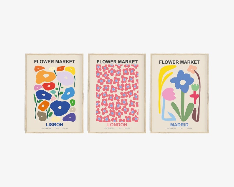 May include: Three colorful posters with the text "Flower Market" at the top. The posters feature abstract floral designs in pink, blue, yellow, green, and orange. The posters are labeled "Lisbon", "London", and "Madrid".