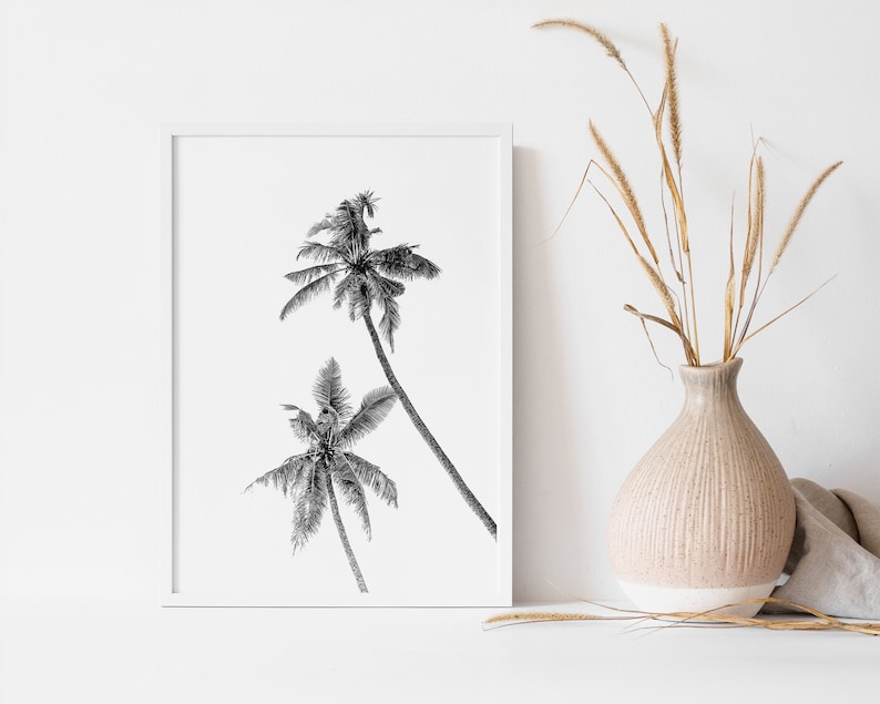 May include: Black and white photograph of two palm trees against a white background. The photograph is framed in a white frame.