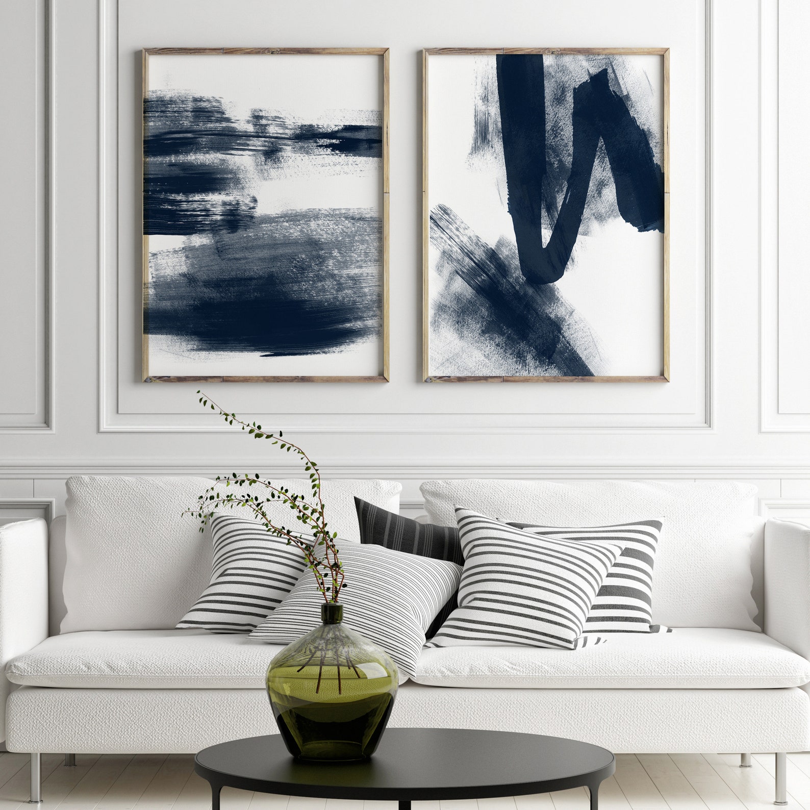 Indigo Blue Abstract Wall Art Set of 2 Prints Navy Watercolor Print 2