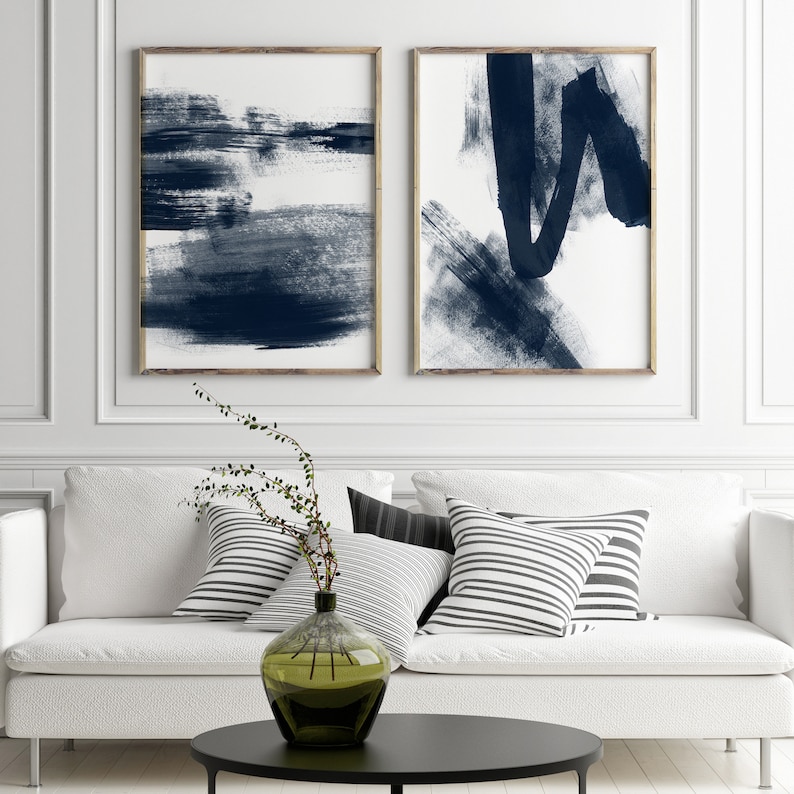 Indigo Blue Abstract Wall Art Set of 2 Prints Navy Watercolor Etsy Canada