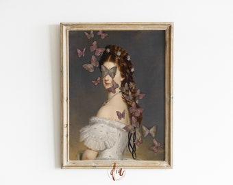Puede incluir: Un retrato vintage de una mujer con un vestido blanco y una corona de flores en el pelo. Mariposas moradas se superponen a su rostro y cabello.