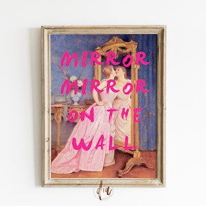 Retrato de arte alterado, cartel femenino, grafiti rosa, espejo en la pared, impresión de tocador, decoración estética de la habitación, arte de pared de moda maximalista
