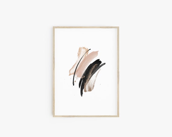 Watercolor Brushstrokes Print, Abstract Wall Decor,  Modern Minimalist Wall Art Prints,  Black Blush Gold, Downloadable Printable Wall Art,