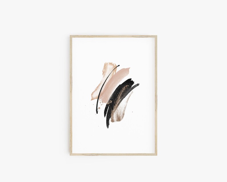 Watercolor Brushstrokes Print, Abstract Wall Decor, Modern Minimalist Wall Art Prints, Black Blush Gold, Downloadable Printable Wall Art, image 1