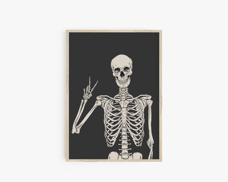 May include: A black and white illustration of a skeleton giving the peace sign. The skeleton is on a black background.