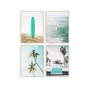 Surf Poster Set of 4 Prints, Beach Prints, Beach Nursery Decor, Turquoise Blue California Printable Art, Surfboard Print, Coastal Decor