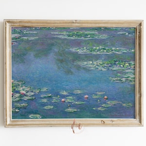 May include: A framed painting of a water lily pond with blue and green water and pink water lilies. The painting is signed "Claude Monet".