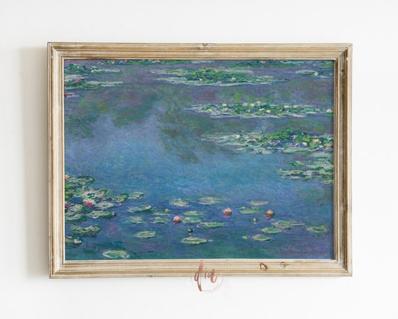 Monet Print Water Lilies, Digital Copy of Famous Painting, Vintage Print, Pastel Watercolor, Printable Horizontal Print, Above Bed Wall Art