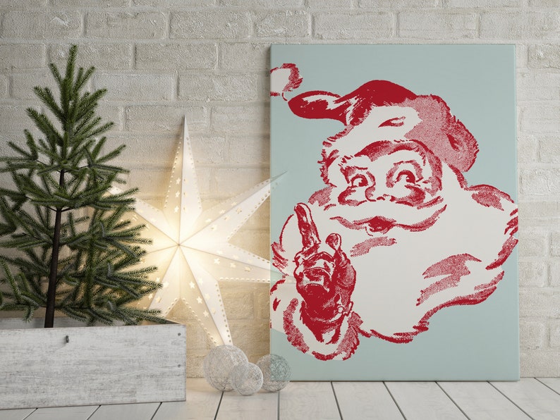 May include: A vintage-style Christmas print featuring a red and white Santa Claus with a blue background. Santa is smiling and pointing with his right index finger.