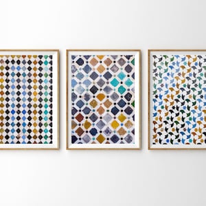 Geometric Wall Art Set of 3 Prints Spanish Tiles Abstract Wall Art Printable Art Terracotta Mustard Teal Diamond Pattern 3 Piece Wall Art