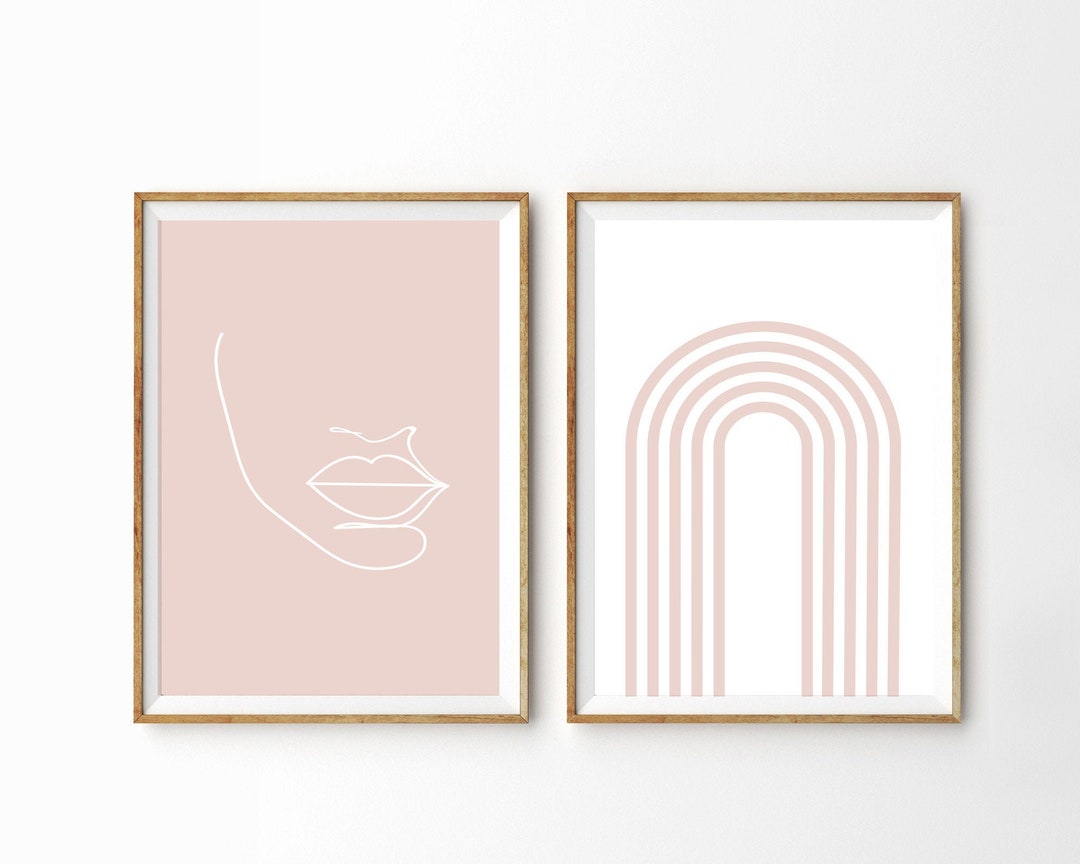 Blush Pink Abstract Wall Art Set of 2 Prints Downloadable Art Face Line ...