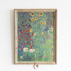 May include: A framed print of a floral painting featuring sunflowers and various other flowers in a garden. The artwork has a vintage aesthetic with a gold-colored frame. The color palette includes greens, yellows, reds, and blues.