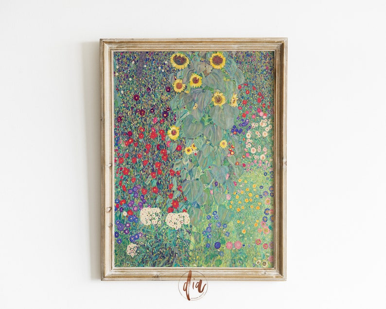 May include: A framed print of a floral painting featuring sunflowers and various other flowers in a garden. The artwork has a vintage aesthetic with a gold-colored frame. The color palette includes greens, yellows, reds, and blues.