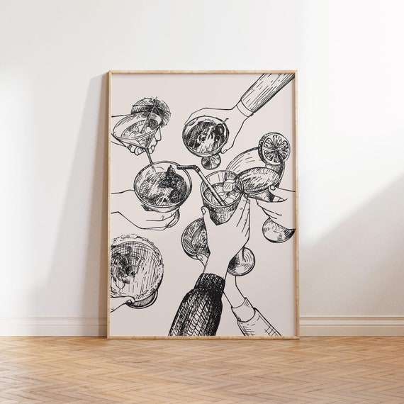 Cheers Print, Bar Cart Prints, Cocktail Wall Art, Retro Bar Cart Decor, Kitchen Drink Print, Neutral Aesthetic, Cheers Poster, Printable Art