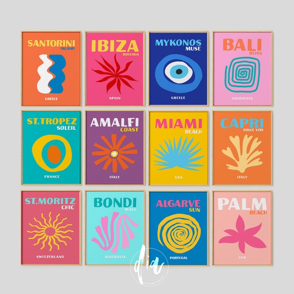 Reise Poster Bundle Set von 12 Drucke, Miami Beach, Ibiza Capri Bondi Beach Griechenland Amalfi Tulum Mykonos, adrette Raumdekoration, Maximalist Decor