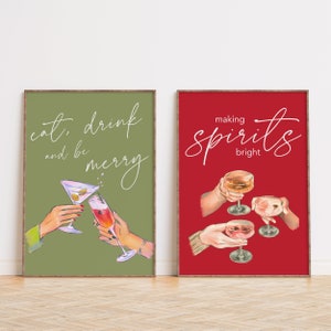 Weihnachten Bar Cart Print 2er Set, Trendy Holiday Decor, Cheers Print, Eat Drink and Be Merry druckbares Zeichen, druckbare moderne Weihnachtskunst