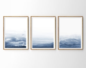 Navy Blue Wall Art Prints 3 Piece Wall Art Indigo Wall Art Abstract Watercolor Set of 3 Prints Affordable Wall Art Gallery Wall Set Painting