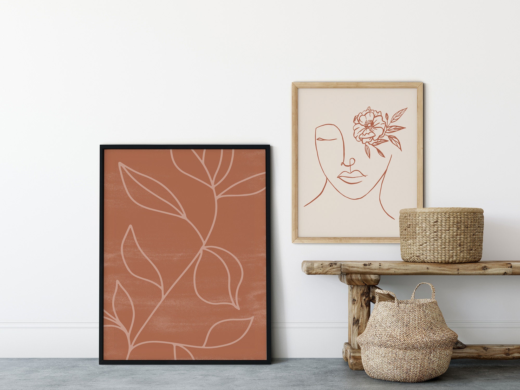 Line Art Set of 2 Prints Female Face With Flowers Abstract | Etsy