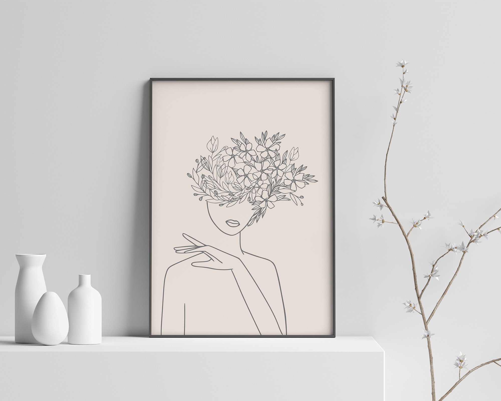 Female Line Art Boho Flower Print Above Bed Art Minimalist Print Modern ...