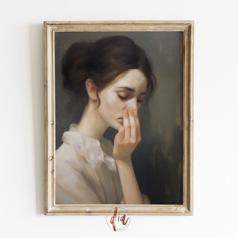 May include: A painting of a woman with dark hair, wearing a white blouse, with her head bowed and hand covering her mouth. The background is a dark green.