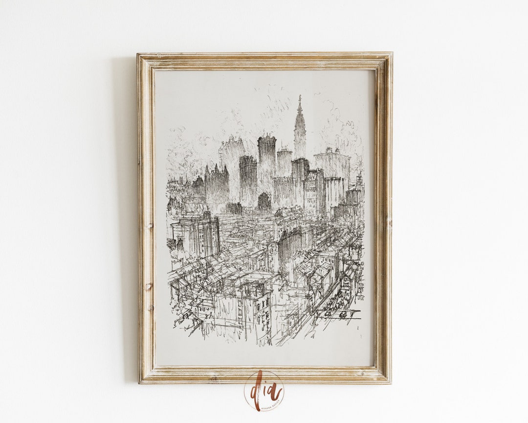 Vintage NYC Skyline Drawing, New York City Antique Sketch, DIGITAL Line ...