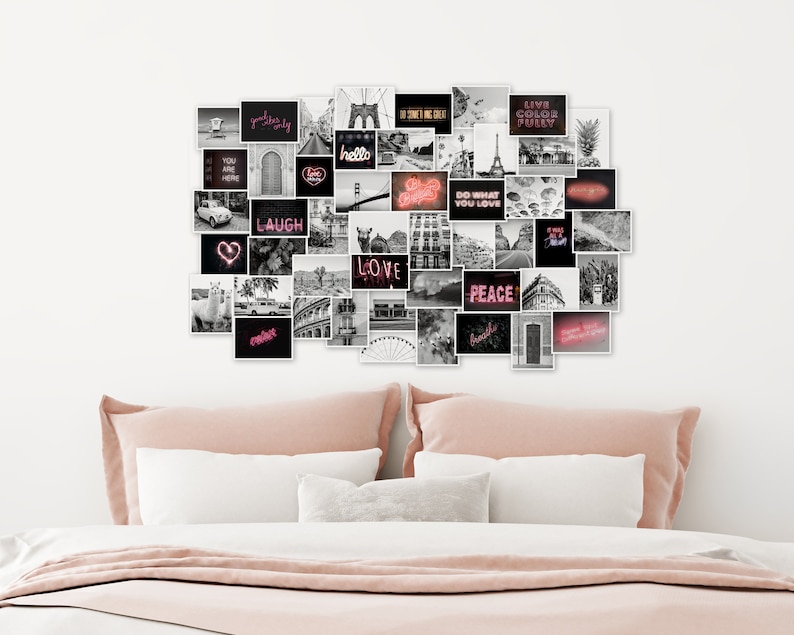 May include: A black and white photo collage featuring various images, including cityscapes, landmarks, and inspirational quotes. The collage is arranged in a heart shape and features pink neon accents.