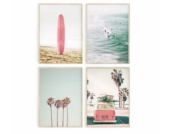 Set of 4 Beach Prints Printable Surf Poster  Beach Decor Digital Prints Pink Surf Wall Art California Prints Coastal Prints Beach Nursery