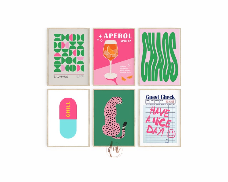 May include: Set of six printable wall art prints featuring a variety of designs, including geometric shapes, a cocktail glass, a cheetah, a pill, and a guest check. The prints are in a modern style with bright colors like pink, green, and yellow.